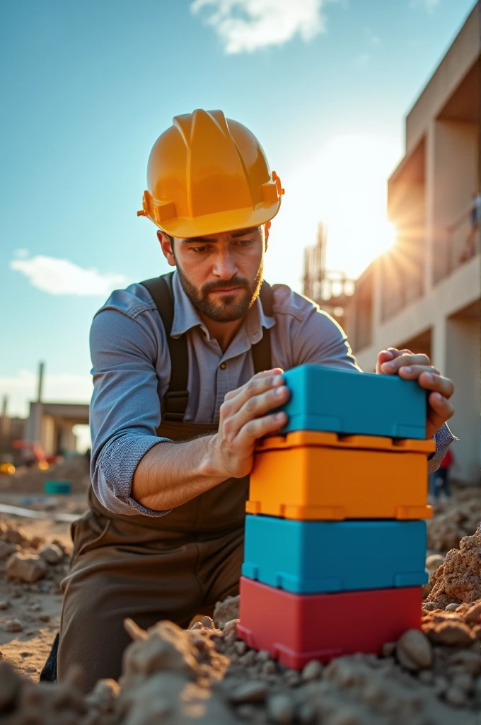 Create an image of a builder constructing a wall with modular bricks