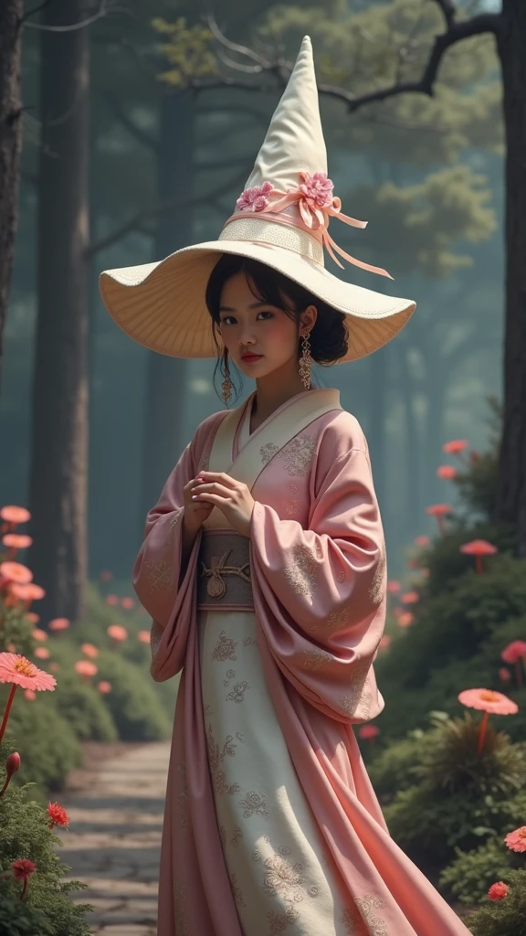 A Japanese witch wears a pointy witch hat. 真实感.hyper realist. High definition.