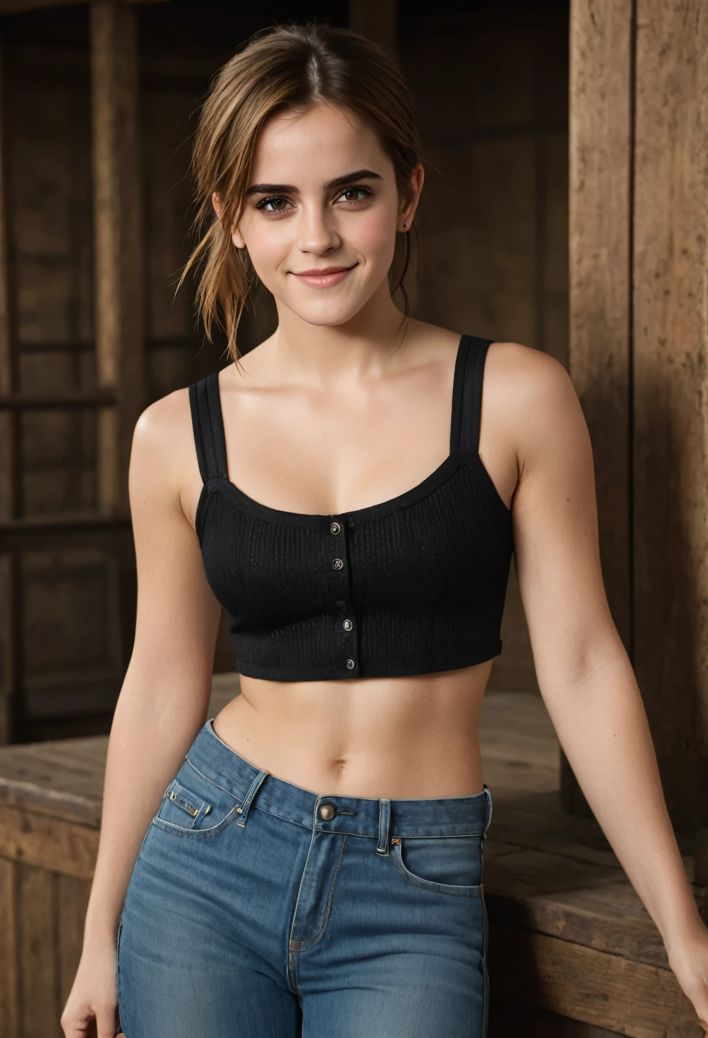 1girl, ((cowboy shot, looking at camera)), 25 years old, Emma Watson, ((Looking interested!! Looking amused!! Smug. Wicked grin)). Masterpiece, top quality, best quality, beautiful eyes, perfect eyes, muscular, attractive, revealing crop top. Indoors.