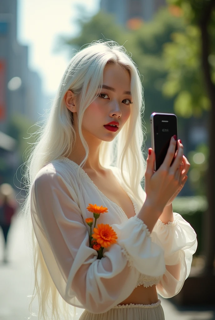 generate a photo of a girl (She is 22 years old) with an aesthetic appearance, pale skin, long platinum white hair, wearing dark red lipstick with gloss, wearing a white long-sleeved blouse with orange flowers, taking a selfie, serious expression
