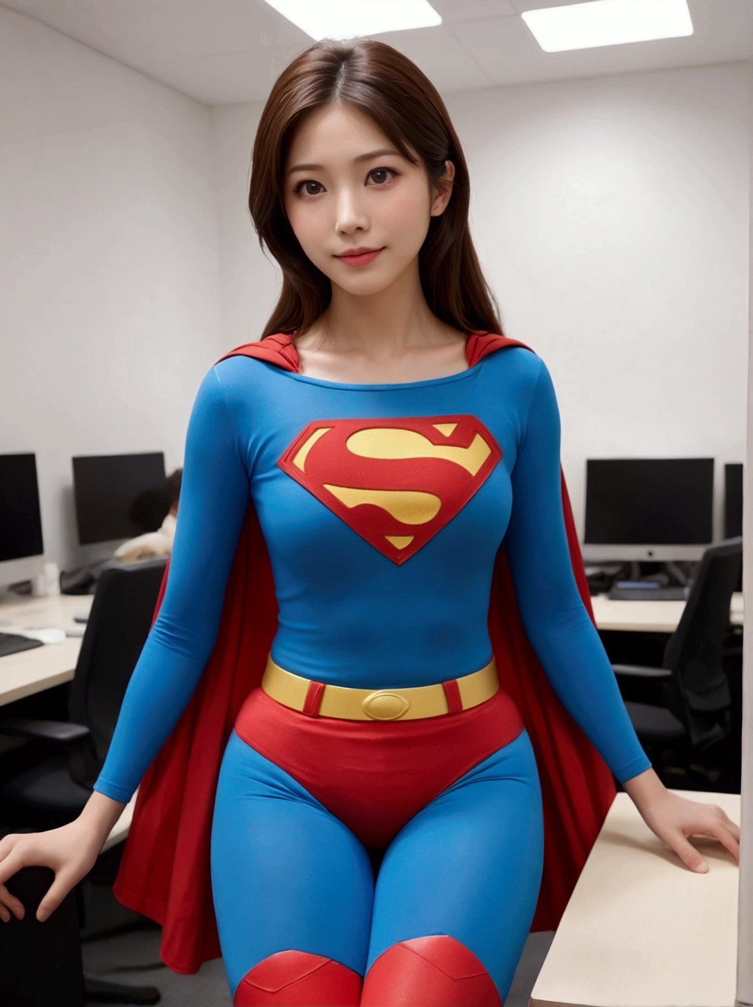 (One person), (masterpiece:1.0),(Extremely detailed 8K), (Wide long shot photo), (whole body:1.3), Realistic, Beautiful japanese girl satomi ishihara standing on the office, clothing ((Superman_80s_custom)), View your viewers, (photoRealistic:1.1), (Highest quality:1.4), (Ultra-high resolution:1.2), 8k resolution, Canon EOS R5, 50mm, Absurd, Super detailed, Beautiful face in every detail, Detailed skin texture, Pale skin, smile, Talked about at the art station, Superman_80s_custom,