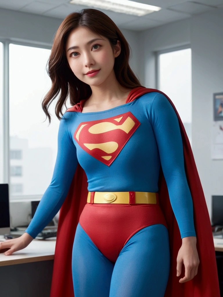 (One person), (masterpiece:1.0),(Extremely detailed 8K), (Wide long shot photo), (whole body:1.3), Realistic, Beautiful japanese girl satomi ishihara standing on the office, clothing ((Superman_80s_custom)), View your viewers, (photoRealistic:1.1), (Highest quality:1.4), (Ultra-high resolution:1.2), 8k resolution, Canon EOS R5, 50mm, Absurd, Super detailed, Beautiful face in every detail, Detailed skin texture, Pale skin, smile, Talked about at the art station, Superman_80s_custom,