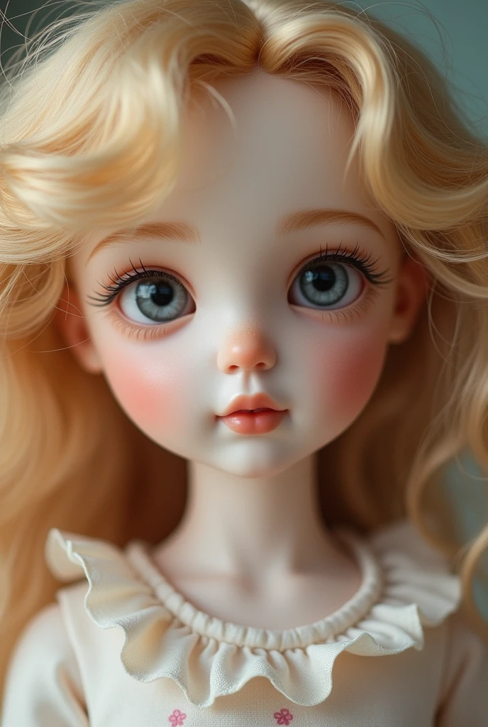 Curly, golden-haired doll, white skin and big eyes. Only her face and neck are in focus in the image
