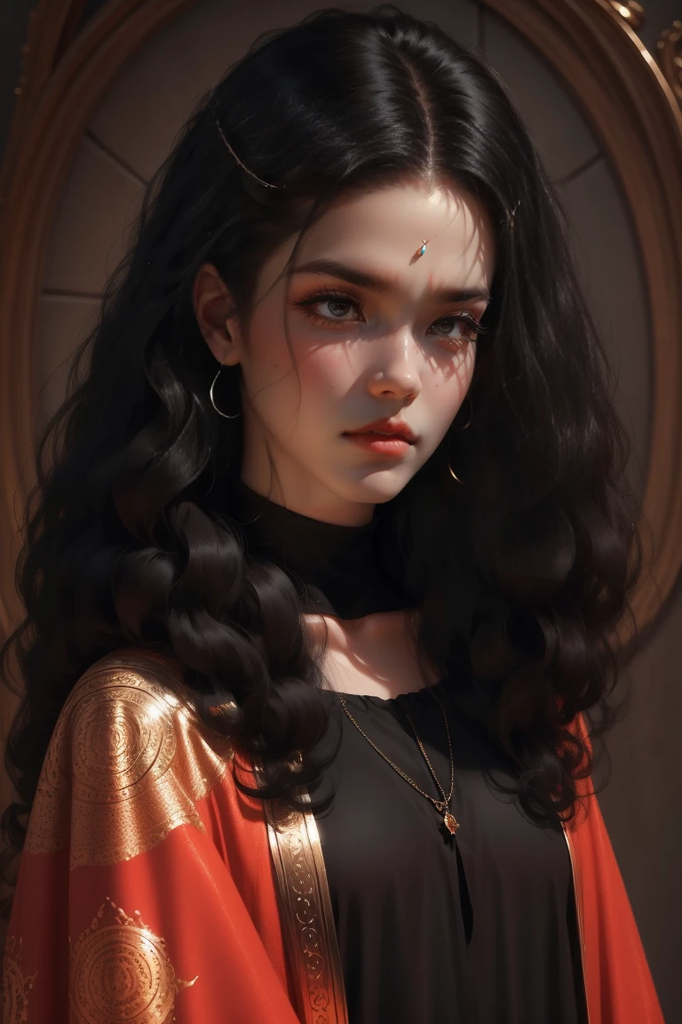 black with medium brown skin, 4a dark brown curly hair, big hair, shoulder height, freckles under the eyes and on the nose , Piercing no nariz, medium sized full lips, big dark brown eyes, Round face , Nerd/weirdcore, 24 years old