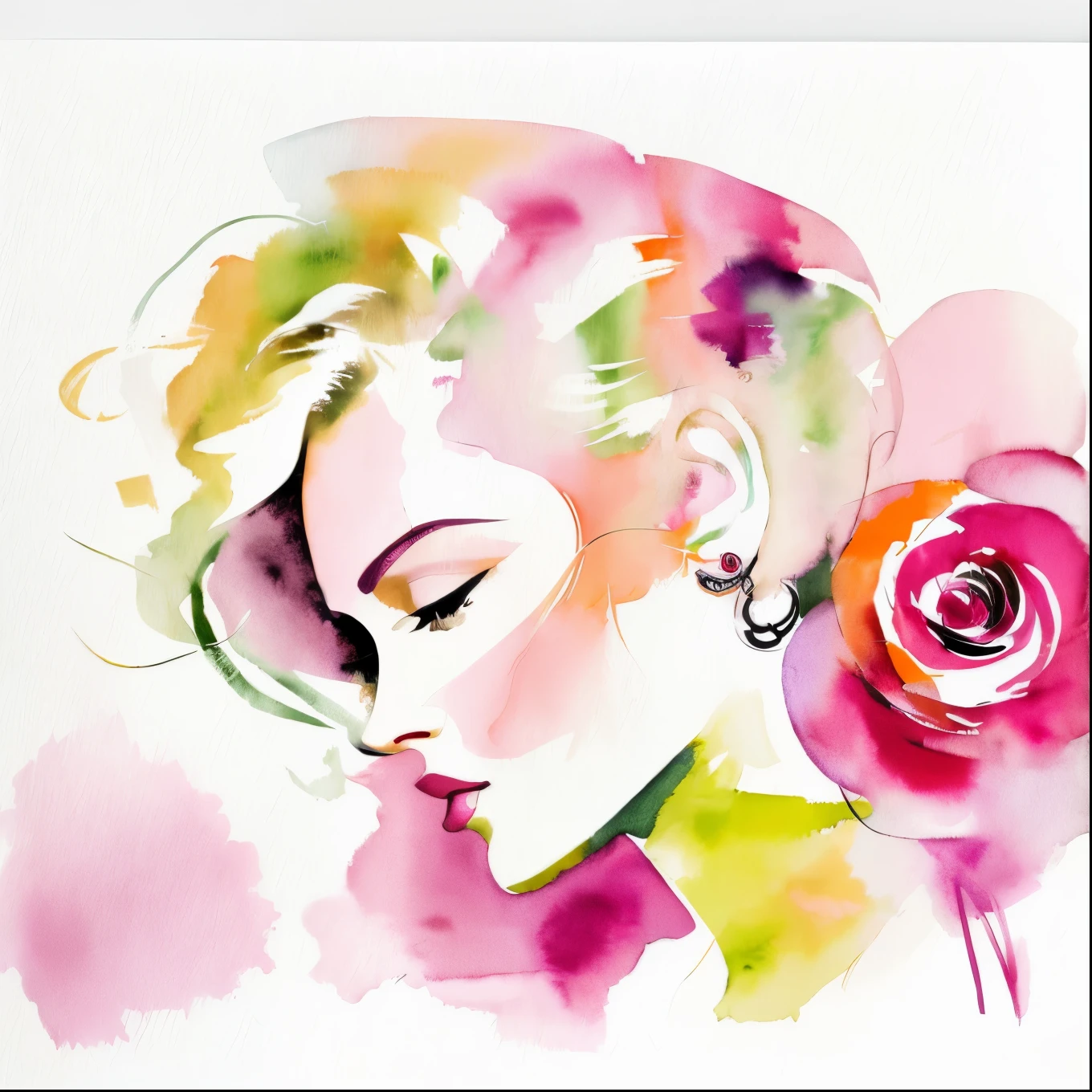 David Downton fashion illustration, blonde 1woman, thin hair bob,  pink sweatshirt, roses, romantic mood, calm, meditation, love, hm ad, dior, orange, lilac, gentle green, watercolor