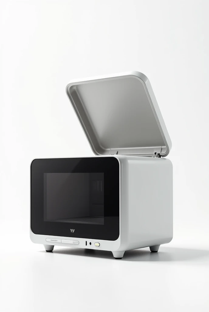 

On a White background put 

A compact and sophisticated design portable microwave, designed to preserve the temperature of food and beverages anywhere. With dimensions of 27 cm wide, 18 cm deep and 15 cm high.

This microwave does NOT have a door opening handle and NO food inside it.. Non-slip rubber feet on the base.

The microwave door opens upwards, Towards the sky, offering a convenient and accessible opening. Made of durable material with a small tempered glass viewer, allows the user to see the content without having to open the device. 

