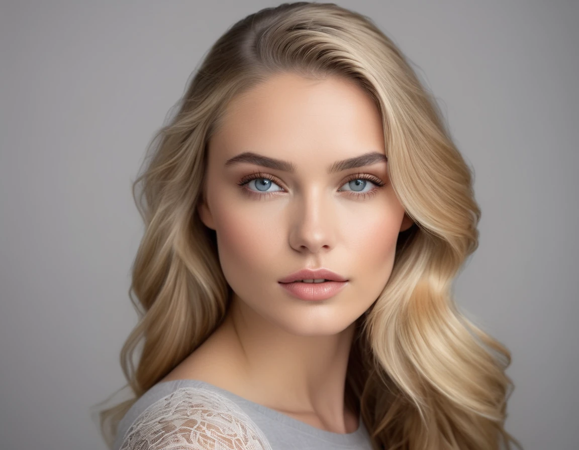 Heart-Shaped Face, (Prominent High-Cheekbones: 1.4), Upturned nose, (Strong Jaw: 0.5), Pointy Chin, Almond-shaped Eyes, Hard-angled Eyebrows, Cupid's bow upper lip, Full lips, real Fair-skin, long straight blonde hair, blue eyes, Her is positioned in front of a (neutral grey backdrop: 1.9) with a (deliberately blurred out-of-focus area around her head: 1.2) to draw attention to her facial features. The subject's face is directly centered within the frame. A (subtle, controlled studio strobe:1.3) casts a flattering, even light on her skin, producing a sense of intimacy and vulnerability. (High-key lighting: 1.4). The focus is sharply rendered, showcasing intricate details on her skin, hair, and clothing. (Slight, subtle shadow under her jawline: 1.1). The overall atmosphere is calm, elegant, and inviting, High-quality, captured in 4k realism, (portrait of upper body: 1.4), (best quality,4k,8k,highres,masterpiece:1.2),ultra-detailed,(realistic,photorealistic,photo-realistic:1.4),vivid colors,portraits,professional,perfect lighting, ((Best Quality, 8K: 1.3)), (ultra-realistic: 1.5), SFW.