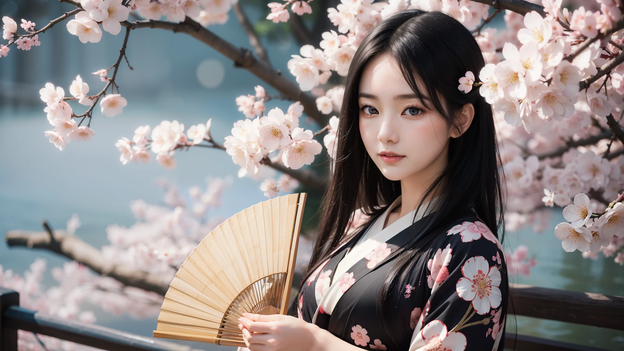 Realistic photos, Beautiful Eyes, Flowing black hair, Elegant kimono, Cherry blossom background, Traditional folding fan, Calm expression, Soft lighting, Traditional Japanese art style, Vibrant colors, Peaceful atmosphere, Delicate features, Graceful posture