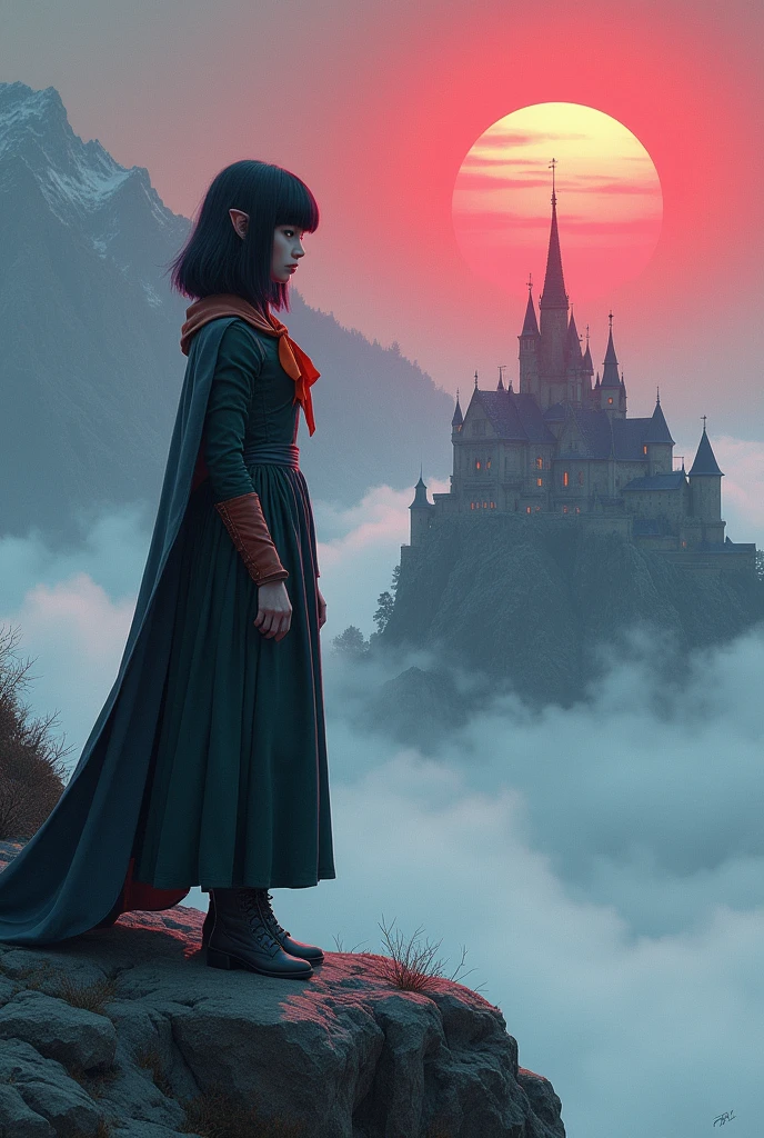 (Highly detailed face, avert your eyes, Gothic fantasy illustration, Ukiyo-e, Comic art, Rich colors),
break
(This is a sudden, Rocky Mountain 5,altitude 000 meters. poor visibility due to thick fog. white fog scenery spreads.),
break
(Dark Elf: 銀色の髪を持つ若いDark Elfの女性, Blunt bangs, Bob cut and dark purple skin, Lavender eyes),
break
(深紅のベールをかぶったDark Elfの女性ヴァンパイアハンター, blue ruby mantle, traditional dark green Victorian tight dress with a large orange ribbon, and brown boots.),
break
(Dark Elfの女性ヴァンパイアハンターが凍った岩の上にひざまずいている, Dracula's Castle, stands on a rugged mountain, In front of her. deep fog surrounds her, and the sunlight shining from behind her seems to envelop her in a rainbow aura. Brocken phenomenon. parabolic effect.), (deep red mist rises、dimly lit, dyed in the setting red sun, spreading like smoke.)
