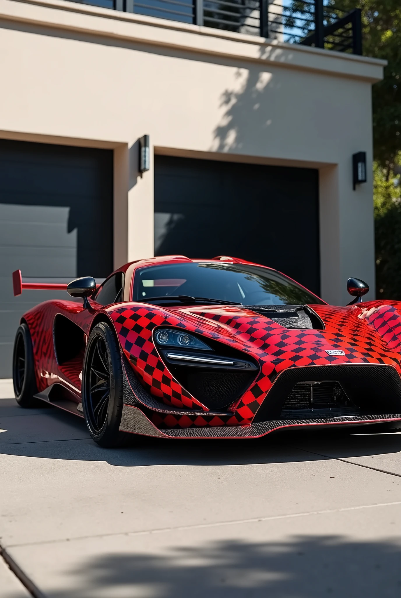 A high-performance sports car with a distinctive red and black checkered body sits low to the ground, its oversized off-road tires gripping the pavement. A large rear wing protrudes from the back, while side mirrors are visible on either flank. The garage door of a residential building looms in the background, as the vehicle's customized features seem to defy conventional expectations. Framed by a bright and airy environment, the car appears poised for action, its aggressive stance hinting at its readiness to tackle both track and trail.