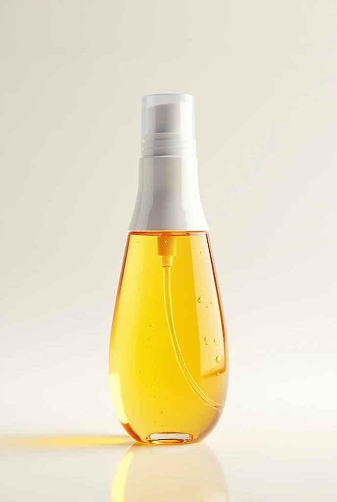 Create a conventional 250ml PET bullet container with a white atomizer, This container should include bright golden liquid 