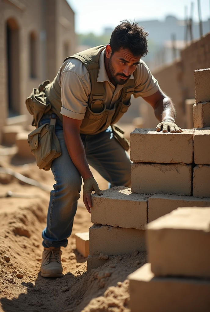 Create a picture of a builder constructing a wall with modular soil cement bricks
