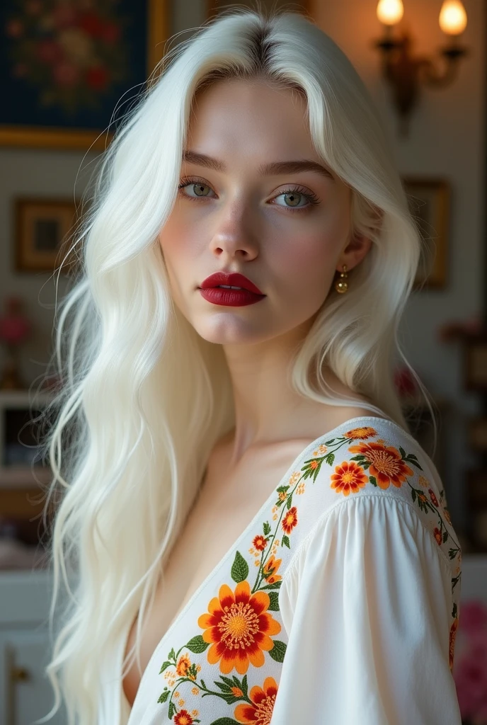 generate a photo of a girl  (She is 22 years old) with an aesthetic appearance, pale skin, long platinum white hair,  wearing dark red lipstick with gloss, wearing a white long-sleeved blouse with orange flowers, taking a selfie, serious expression