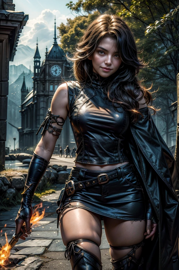 (masterpiece, best quality:1.2), cowboy shot, solo, 1girl, cinder fall, evil smile,holding flames, looking at viewer, long hair, t-shirt, white skirt, sleeveless jacket, elbow gloves, pantyhose, standing outside huge gothic building, trees, (volumetric lighting), sharp focus, hyper detailed 