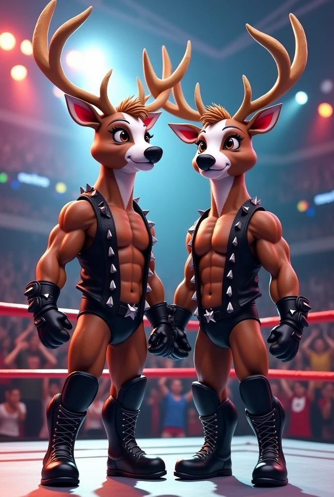 Two cartoon deer dressed like wrestling tag-team Demolition , wearing white face paint, black trunks, black boots, black vest and gloves with spikes. 