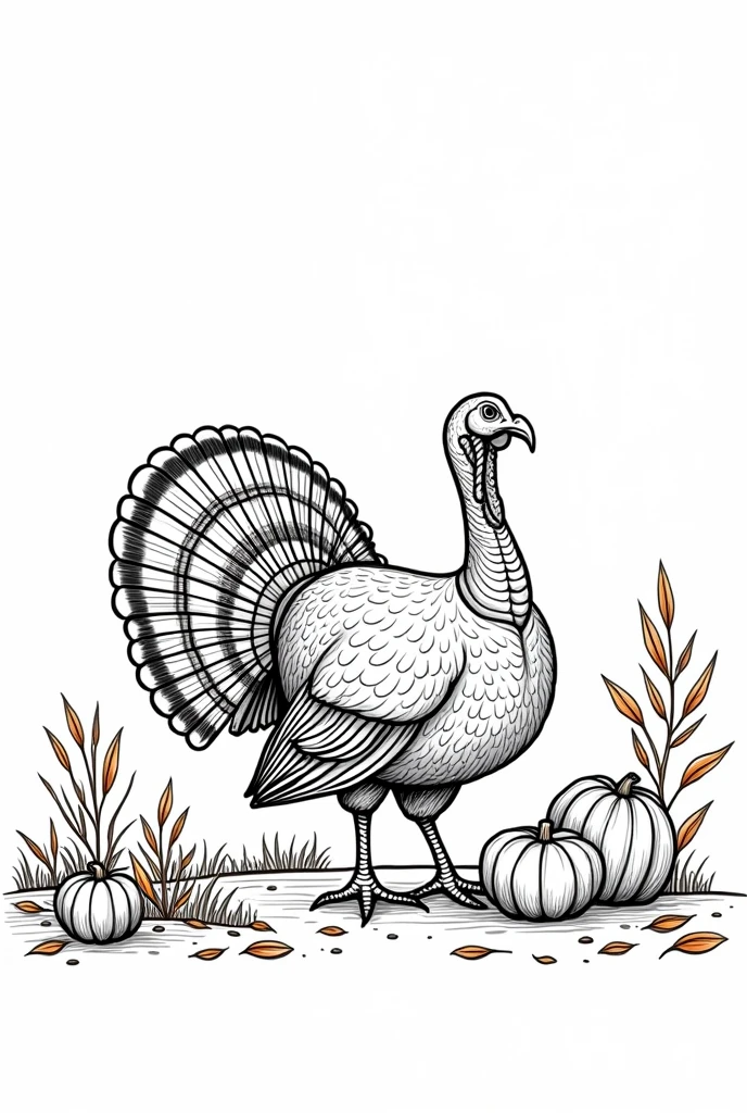 coloring page, proud turkey strutting through a picturesque landscape, surrounded by leaves and a few pumpkins,anime,line art,simple detail,simple line art,,one line,clean and minimalistic line,line drawing style,white background