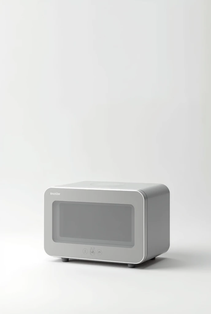 On a White background put
A compact and sophisticated design portable microwave, designed to preserve the temperature of food and beverages anywhere. With dimensions of 27 cm wide, 18 cm deep and 15 cm high.
This microwave does NOT have a door opening handle and NO food inside it.. Non-slip rubber feet on the base.
The microwave door opens upwards, Towards the sky, offering a convenient and accessible opening. Made of durable material with a small tempered glass viewer, allows the user to see the content without having to open the device.