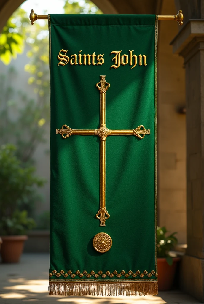 A green standard with moiré fabric, containing at the top the writing in Latin in golden letters: "Saints John" No. 202, below the text, Indefectibly the design of two bars or lateral lines in vertical position from left to right and in the middle of them a circle with a dot in the center which is the representation of the two saints John (Baptist and Apostle)