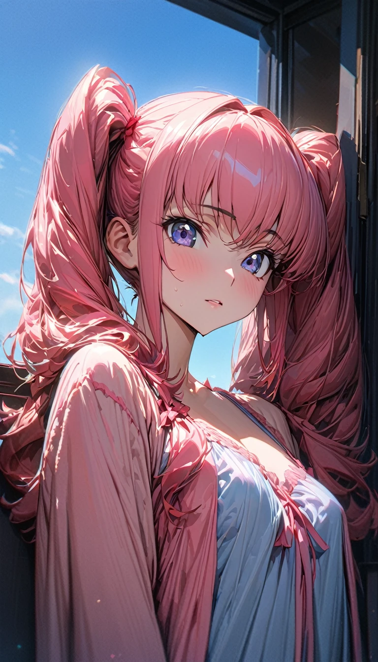 One person, adult, woman, Ultra-high resolution, 超detailed, Highest quality, 8k,((Highest quality)), ((masterpiece)), (detailed)，Face direction(front)，Hair Color(Bright pink，delicate hair texture), Hairstyle(Soft and fluffy, Twin tails), background(blue sky，morning)，eye(きれいなeye元), clothing(negligee)，expression(Exquisite features depicting a perfect face)，Body Type(model，Naturally beautiful)，Perfect hands，完璧なwoman像, Dramatic Shadows，Cute pose，Anime characters, Code Geass, betrayal