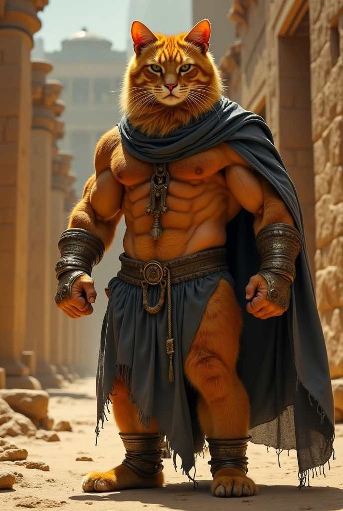 Pharaonic cat with huge muscles like bodybuilding champions wearing prison clothes realistic real