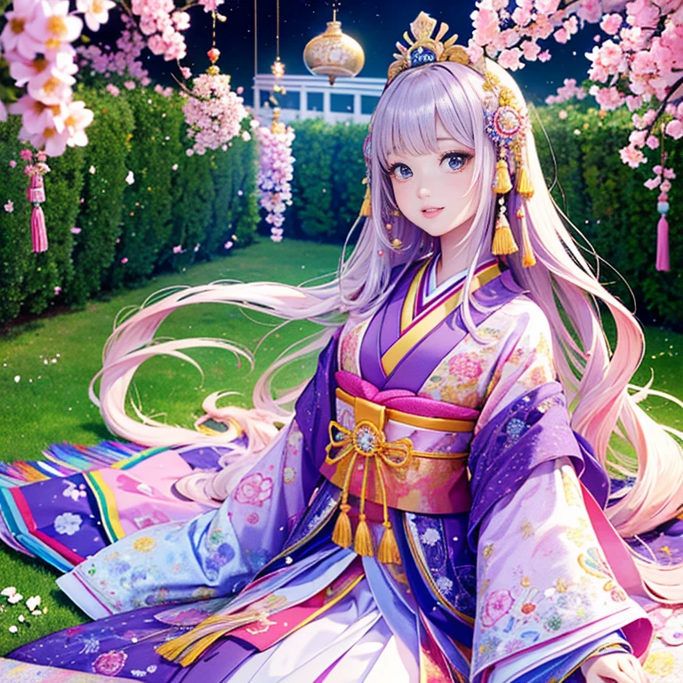 ( High resolution、 Super detailed、masterpiece、Highest quality、8k)、Heian period in Japan、(NHK Taiga Drama、To the Shining One)、Fujiwara Akiko、palace、The Empress of the Palace、Young beautiful woman、Beautiful Face、Beautiful Face、Pretty lips、(12 single coats、Light pink、Light purple、yellow、green、blue、red、White color、Colorful overlapping)、(Full Body Shot)、Long black hair、Jewel Ornament、background、garden、Colorful flowers、Vibrant colors、Detailed Anime、Detailed CG、