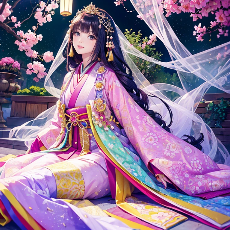 ( High resolution、 Super detailed、masterpiece、Highest quality、8k)、Heian period in Japan、(NHK Taiga Drama、To the Shining One)、Fujiwara Akiko、palace、The Empress of the Palace、Young beautiful woman、Beautiful Face、Beautiful Face、Pretty lips、(12 single coats、Light pink、Light purple、yellow、green、blue、red、White color、Colorful overlapping)、(Full Body Shot)、Long black hair、Jewel Ornament、background、garden、Colorful flowers、Vibrant colors、Detailed Anime、Detailed CG、