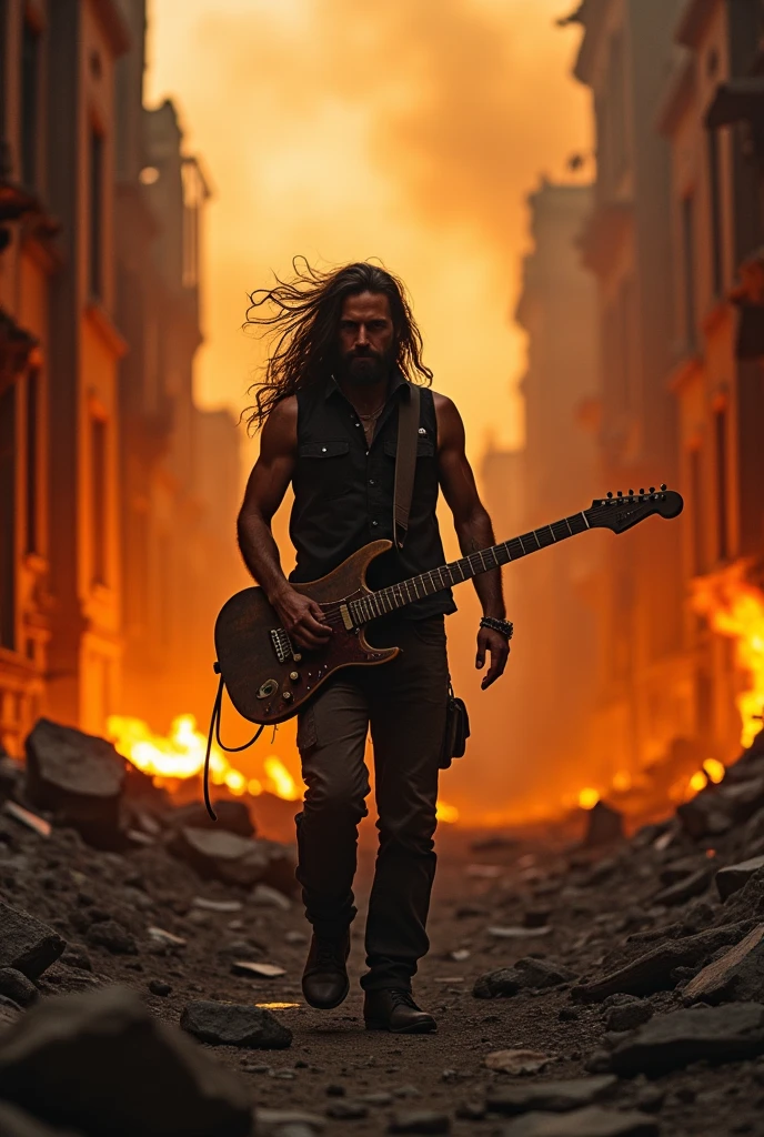 Man walking in a burning city, long hair and a guitar.
