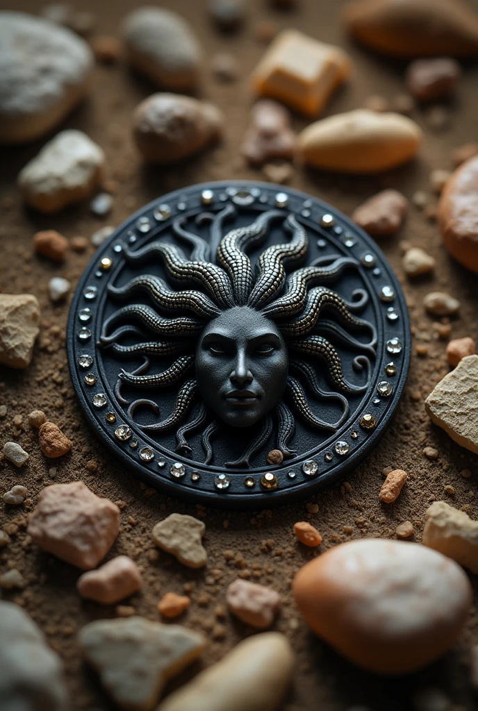 Create an image of a dark wooden medallion with details in mother-of-pearl gold and zircons based on a picture of Medusa.