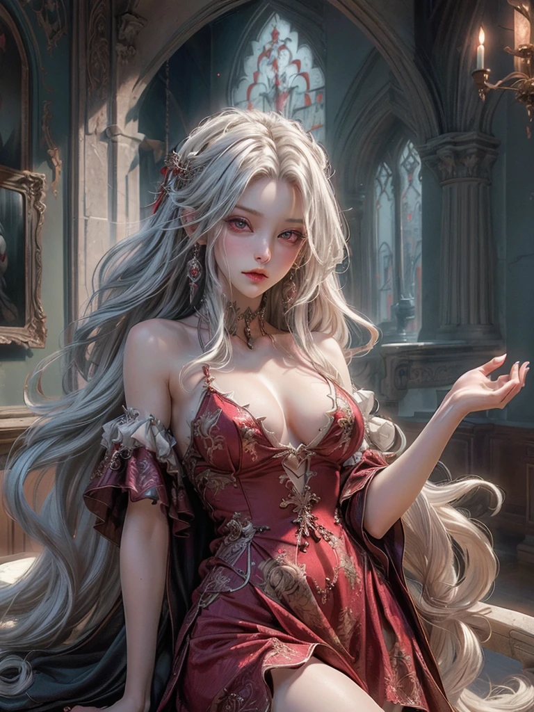 ((masterpiece, highest quality, Highest image quality, High resolution, photorealistic, Raw photo, 8K)), women, long white hair, vampire, mirror, castle room, two arms