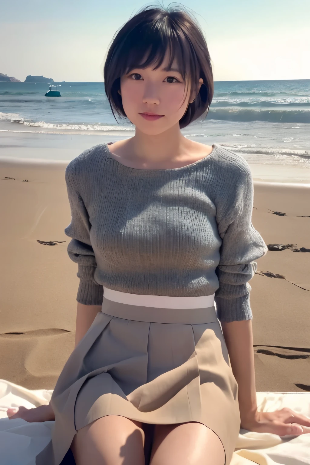 8k, highest quality, masterpiece, phòtogravúre, super high resolution, (realistic:1.4), RAW Photos, (Film Grain:1.3), One Girl, a skinny Japanese woman, 30 years old, sitting on the beach, spreading legs wide. She has a cute face and black hair. She is wearing a white blouse on nude, a gray pleated skirt. ((the skirt flutters in strong winds.)) (Real skin texture:1.3), correct body anatomy, ((detailed face, detailed eyes))