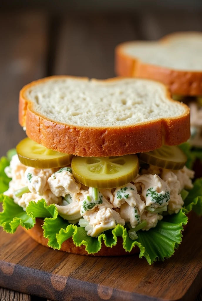 image of a shredded chicken salad and pickle sandwich on sliced bread