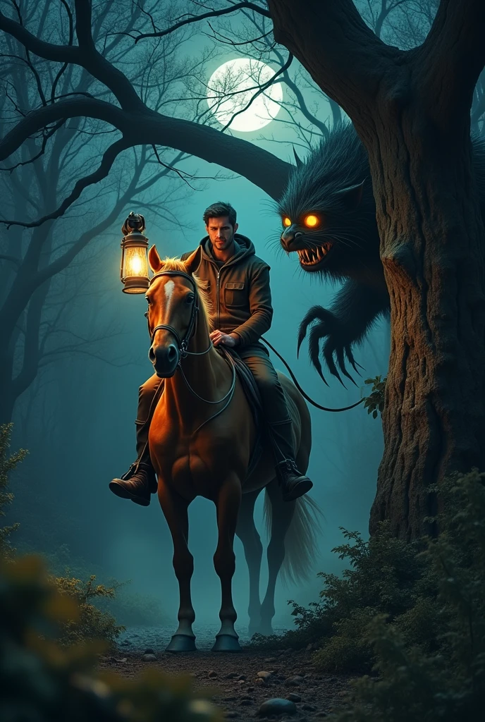 A man riding a horse in a dark forest holding a lamp, Suddenly a monster appears in front of you