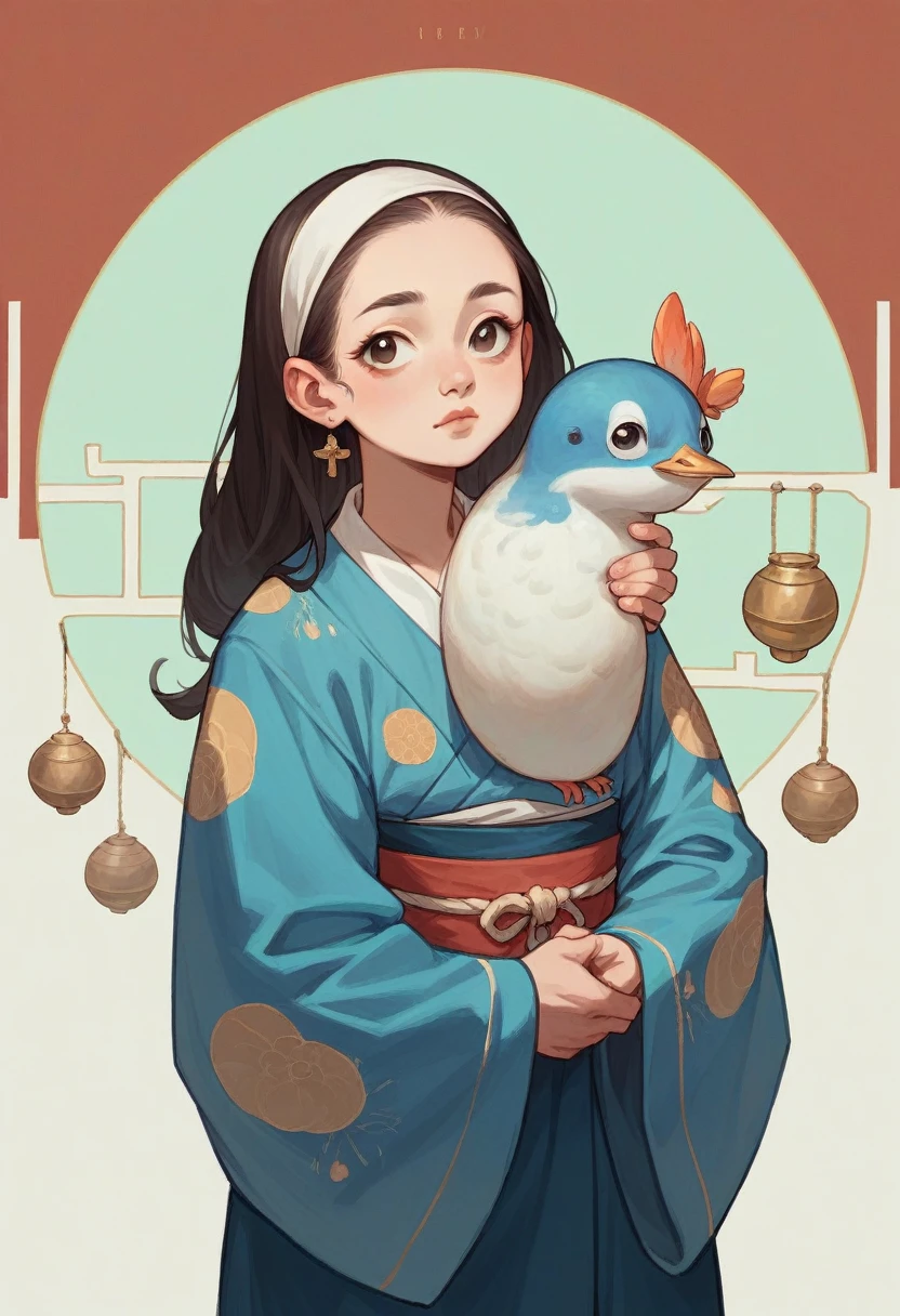 Create a child with shoulder length hair and white, She has a blue kimono with a heron symbol, She is a 13 year old girl who has a lonely look. Make it in a realistic style