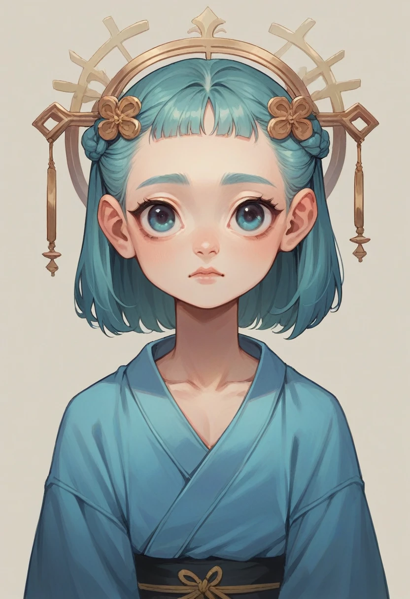 Create a with shoulder length hair and white, She has a blue kimono with a heron symbol, She is a 13 ye who has a lonely look. Make it in a realistic style
