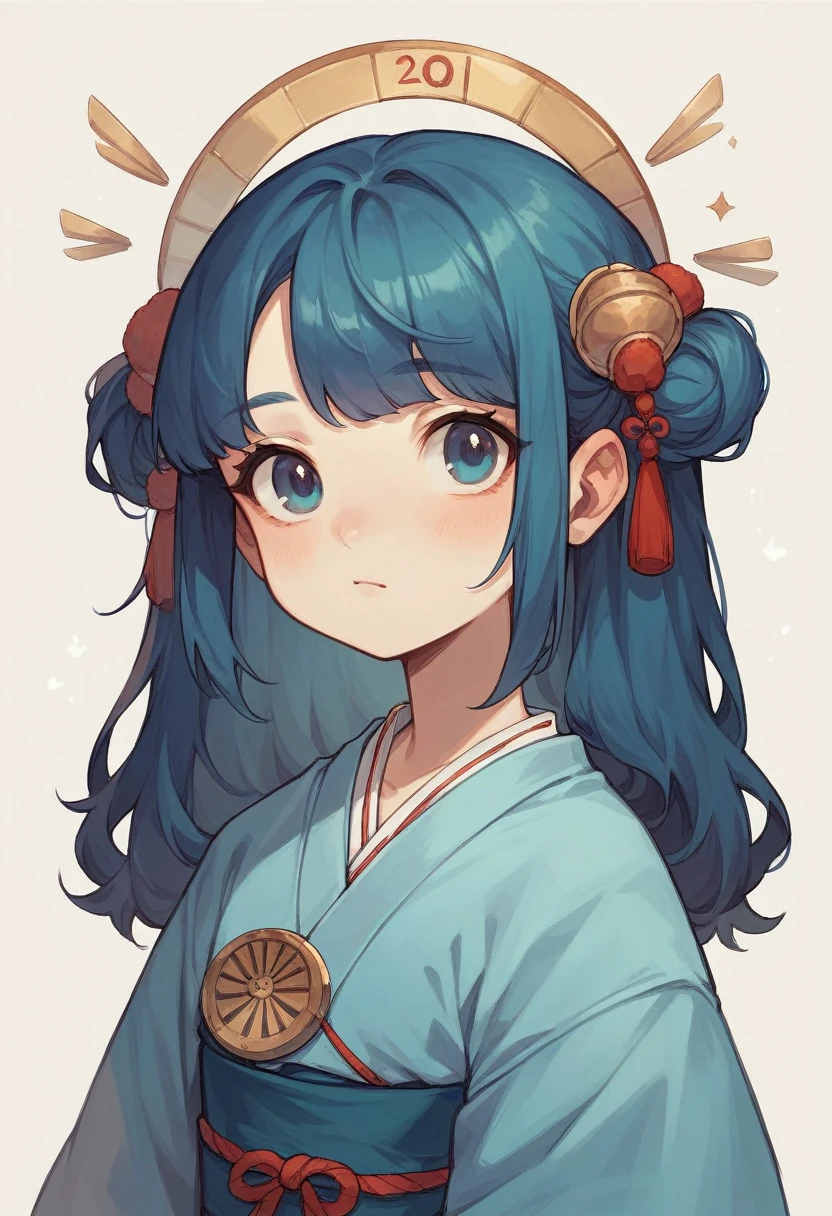 Create a child with shoulder length hair and white, She has a blue kimono with a heron symbol, She is a 13 year old girl who has a lonely look. Make it in a realistic style