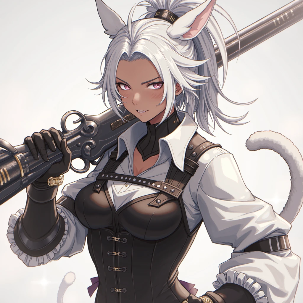 Final Fantasy 14, Miqo'te, dark skinned woman, holding fantasy rifle, rifle over shoulder, looking at viewer, steampunk clothing, simple background, masterpiece, highly detailed, best resolution, official art, promotional art