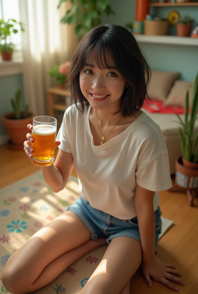 Japanese, Emphasize cleavage, (busty), glamorous, rotund, cheerful, grinning, sitting on the floor, looking at viewer, choppy bangs, bob cut, brown hair, green eyes, wide-eyed, fair skin, t-shirt, denim shorts, with a beer