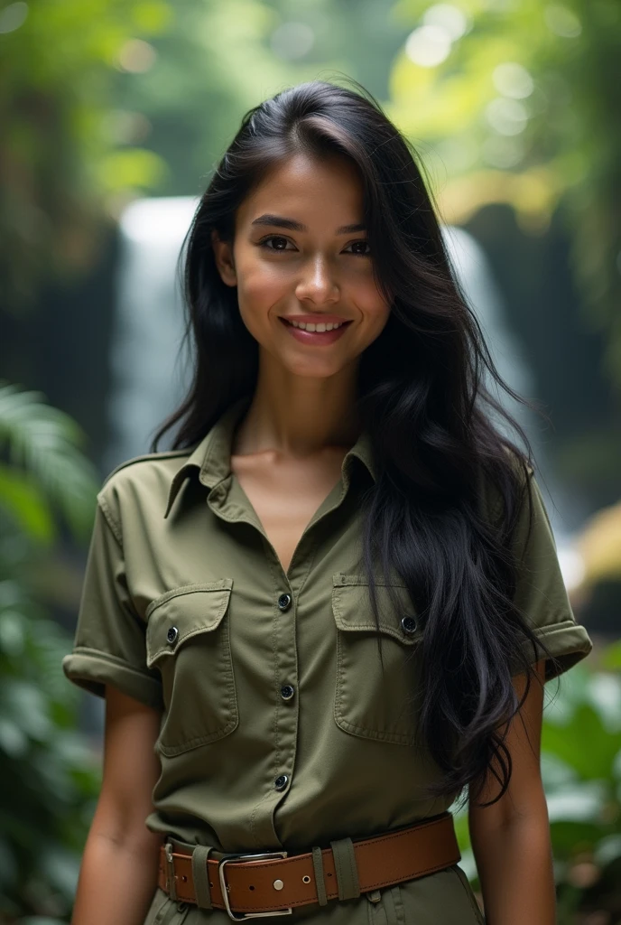 (Masterpiece, Top Quality, Best Quality, Beautiful and Aesthetic:1.2), Extremely Detailed, Photo of a woman, tight ranger outfit tight shirt and trousers, exotic rainforest with lush vegetation and a wild waterfall in the background, happy, 18 years old, Perfect Body, Perfect rare face, (very detailed skin), black colored long hair, Skin texture, Sharp focus on rare face, Perfect brown eyes, (Photorealistic), Film grain, name Samira