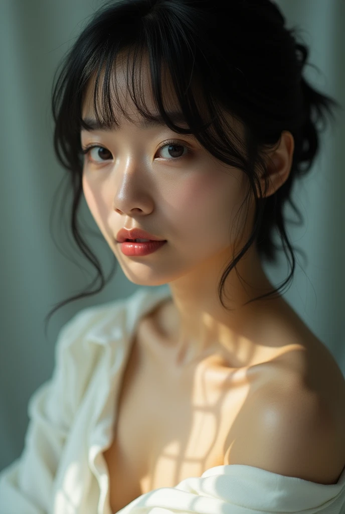 Realistic glowing skin, ,Always look at the camera, ,(sweating:1.2),Black Hair,short hair,Tie your hair short,Silky translucent white skin,best Realistic depiction,(Very detailed美しい顔), Great face and eyes, (Highest quality:1.4), (Very detailedな), (Very detailed CG 統合 8k 壁紙), Very detailed, High resolution raw color photos, Professional photography, Realistic portrait,
 (Detailed RAW photos of the girl&#39;s whole body), Canon EOS R5 250mm, Sharp focus, Cinema Lighting,  (No makeup:1.2), Fine skin, Delicate collarbone,(Ultra-high resolution:1.6), (Realistic:1.6), 
