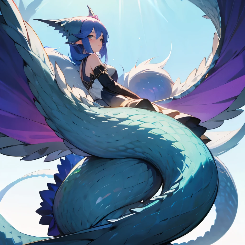 ((Highest quality、unity 8k wallpaper、32k、masterpiece、Very detailed、Ultra-high resolution、Ultra-high resolution、 Very detailedな顔, RAW Photos, Professional, Ultra-fine painting, Anatomically Correct Lizard Girl)) Yui Kotegawa transforms into a Blue Dragon, kotegawayui, Long black hair, Yellow Eyes, ((Reptile Eyes))、mouth with sharp fangs,、(From shoulder to collarbone、It is covered with fine scales up to its neck.)、(((In the ass、Juxtaposition, Impressive lizard tail stretching from tailbone to spine))) 、((Dragon legs with sharp claws、Fine blue scales that stretch like socks down to the thighs、Fine blue scales that grow like long gloves、Long nails))、Nipples are fully visible、((There are fine scales on the sides、It has fine blue scales growing around its waist..., Scales on the back、Scales from flank to thigh))、(The boundary between the scales and the skin is unclear)、((A small fin on the spine that continues to the tail))、(((Giant blue bat wings growing from the shoulder blades on his back)))