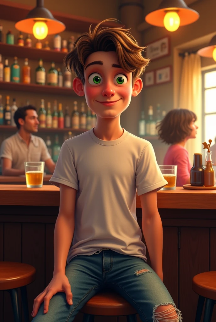 I want a picture of a boy in his youth with dark brown hair, short man wearing a t-shirt and jeans. He is chatting with other young boys and girls in a restaurant.