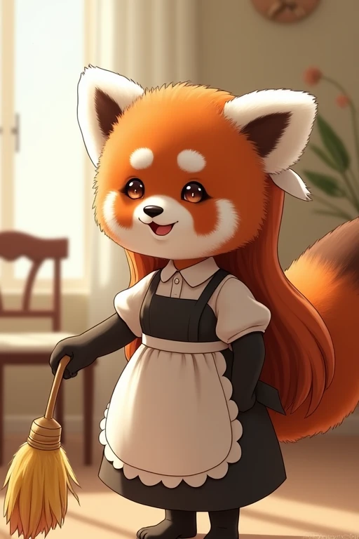 The red panda girl is a maid, Smile, long hair, panda ears, simple background,