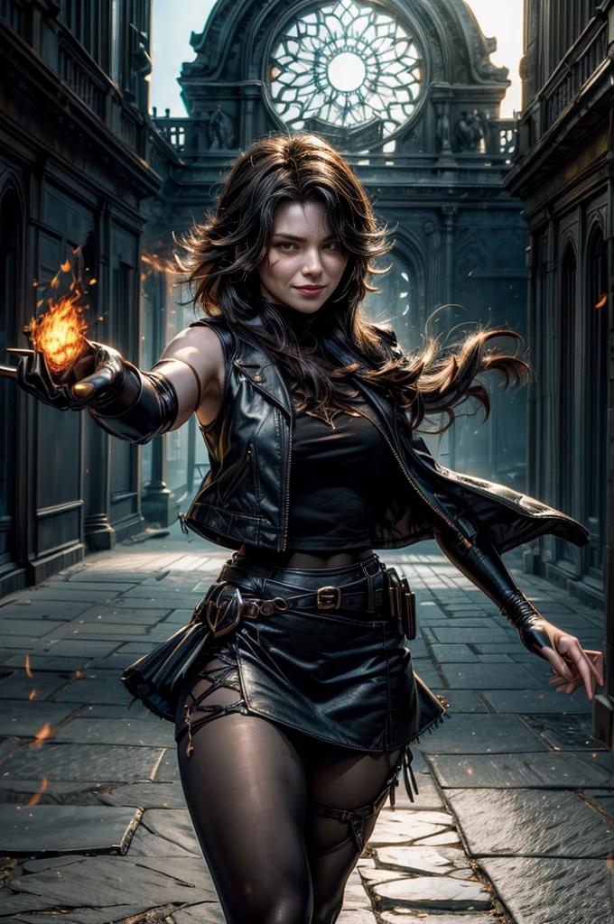 (masterpiece, best quality:1.2), cowboy shot, dynamic pose, solo, 1girl, cinder fall, evil smile, holding flames, looking at viewer, long hair, t-shirt, white skirt, sleeveless jacket, elbow gloves, pantyhose, standing outside huge gothic building, trees, (volumetric lighting), sharp focus, hyper detailed 