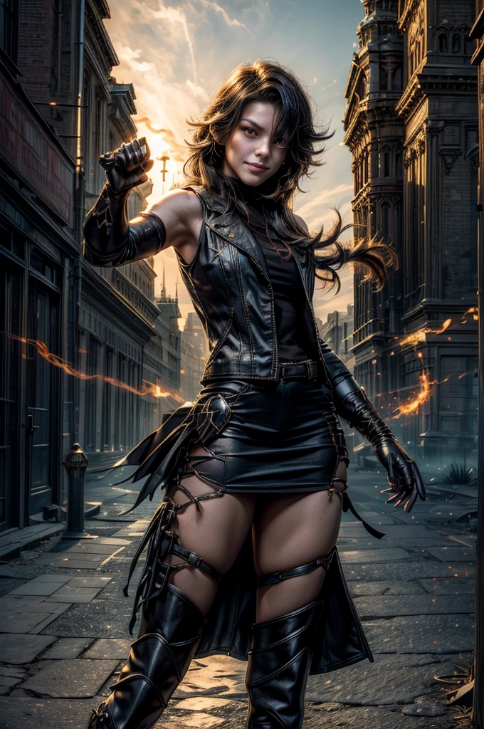(masterpiece, best quality:1.2), cowboy shot, dynamic pose, solo, 1girl, cinder fall, evil smile, holding flames, looking at viewer, long hair, t-shirt, white skirt, sleeveless jacket, elbow gloves, pantyhose, standing outside huge gothic building, trees, (volumetric lighting), sharp focus, hyper detailed