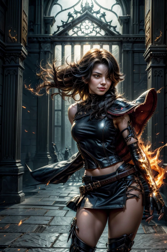 (masterpiece, best quality:1.2), cowboy shot, dynamic pose, solo, 1girl, cinder fall, evil smile, holding flames, looking at viewer, long hair, t-shirt, white skirt, sleeveless jacket, elbow gloves, pantyhose, standing outside huge gothic building, trees, (volumetric lighting), sharp focus, hyper detailed