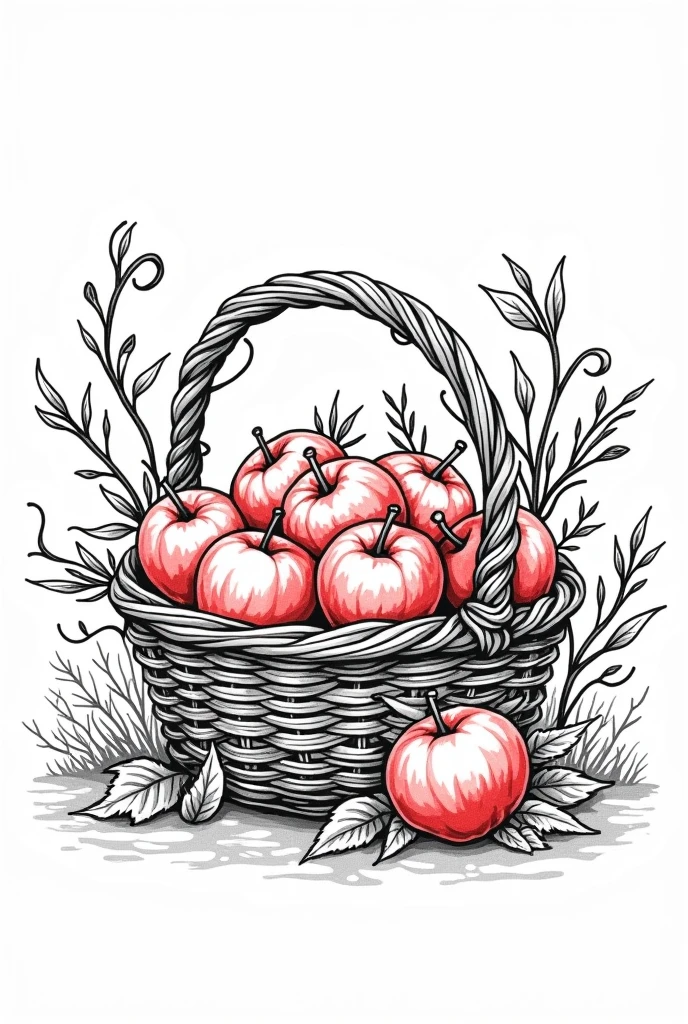 coloring page, rustic basket overflowing with apples, surrounded by tangled leaves and curly vines,anime,line art,simple detail,simple line art,,one line,clean and minimalistic line,line drawing style,white background