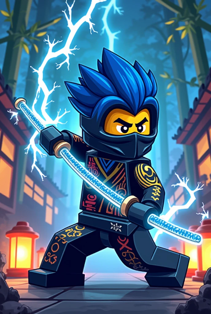 Jay Walker from Lego Ninjago in pixel art style, in an attack position, side profile, wielding ninja sais.