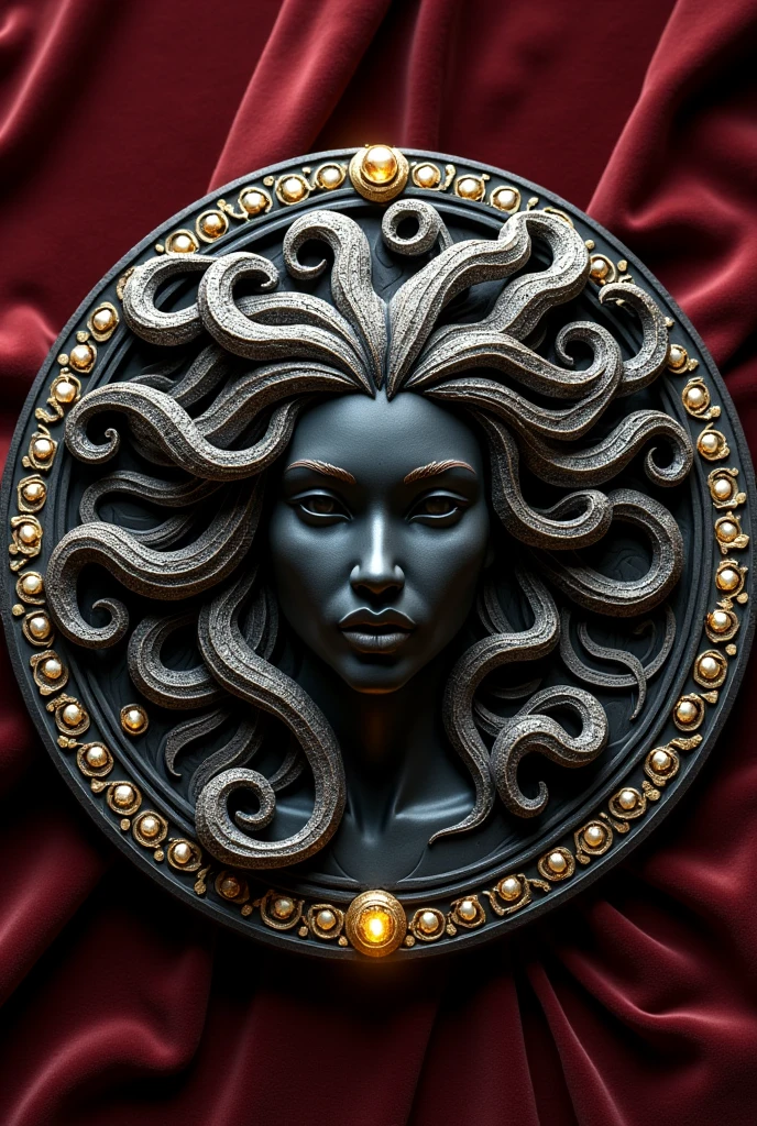 Create an image of a dark wood medallion with gold mother-of-pearl and zircon details based on a frontal view image of Medusa. 