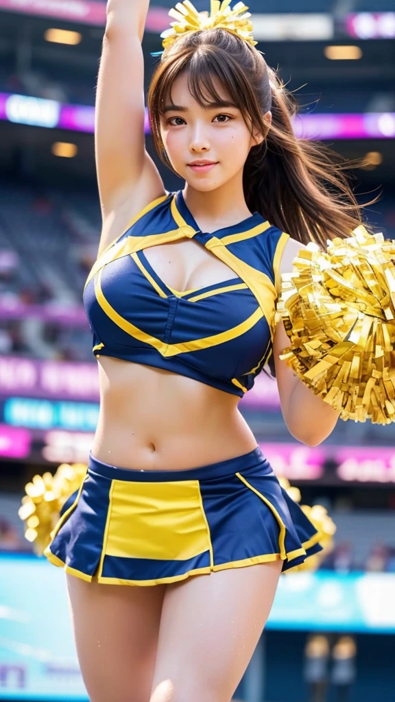 masterpiece,Highest quality,Very detailed,High resolution,(Realistic,photoRealistic:1.37),Excellent anatomy,One beautiful woman,18-year-old,height:152 cm,Cheerleader,(Holding big pom-poms in both hands:1.5),smile,cheer leading,Cheerleaderuniform,(shape),Micro Mini Skirt,No underwear,((Very delicate and beautiful)),((Stadium Background:1.2)),Brown Hair,Long Hair,bangs,Very beautiful face,Cute type,Big Natural Color Lip,Small and cute nose,Big eyes,Beautiful Eyes,Brown eyes,Obvious double,Shiny highlight spots around the eyes,Character Focus,Tilt your head,The best light,Best Shadow,mysterious,Perfect Face,Very detailed,Soft Skin,(Glowing Skin,Sweaty:1.3),Beautiful legs,Voluptuous thighs,Plump body,Huge breasts,(Expresses the roundness and softness of the chest area..........1),Beautiful body,(Perfect Woman),Lift your legs,Skirt flip,Bold sexy pose,((cheer dance pose:1.5))