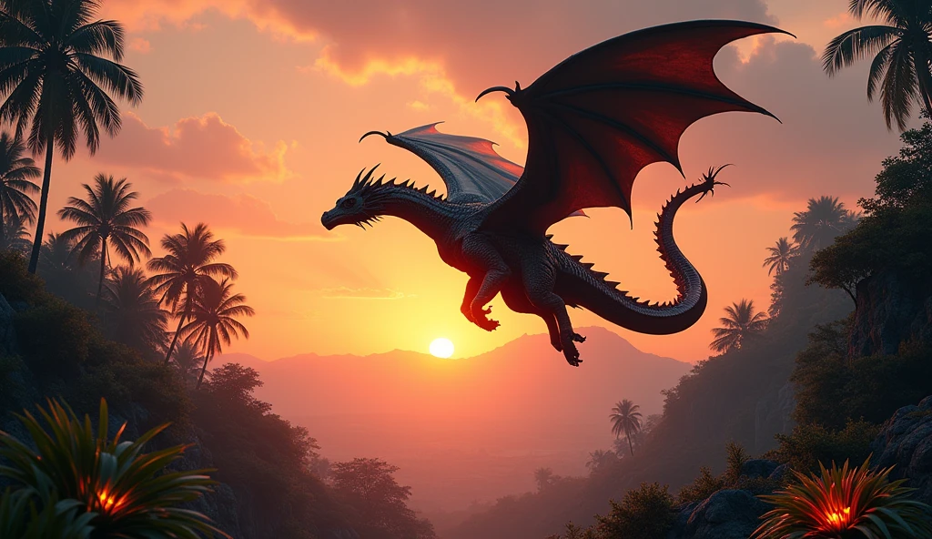 A hyper-realistic, cinematic scene of a majestic black medieval dragon with medieval armor, flying with powerful wing strokes over a mystical forest. Its gleaming, intricately detailed scales reflect the deep orange and pink hues of the sunset. Surrounded by a dense, lush exotic forest with subtle bioluminescent plants softly glowing. The sunset casts a warm, diffused golden light over the landscape, contrasting with the cool tones of the forest. Captured with a Nikon D850 in a wide-angle shot, using a Nikon AF-S NIKKOR 14-24mm f/2.8G ED lens, the scene features a low-angle shot with a slight tilt, emphasizing the grandeur of the dragon soaring in the sky. The scene is photographed at f/8 for a deep depth of field, ensuring sharp focus from the dragon in the sky to the detailed texture of the sand and the forest. The lighting is soft and golden, creating long shadows and enhancing the epic scale of the scene. The composition follows the Rule of Thirds and uses Leading Lines, with depth conveyed through the layered elements in the foreground, midground, and background. The dragon’s shadow interacts with the forest vegetation, adding a realistic connection between the subject and the environment, while the subtle glow from the forest enhances the magical atmosphere.